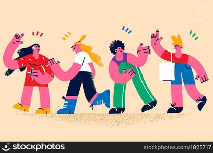 People communicating and greeting each other concept. Group of young smiling people waving hands greeting or congratulating each other vector illustration . People communicating and greeting each other concept