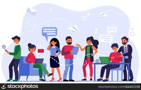 People communicating via social media flat vector illustration. Business team using mobile phones, laptops, tablets for networking and chatting. Digital technology and conversation concept