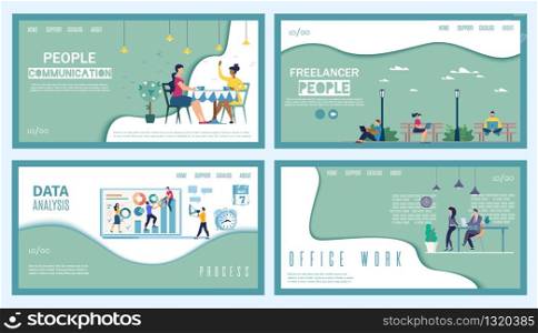 People Communication, Freelancer Work, Data Analysis, Office Work Flat Vector Web Banners, Landing Pages Templates Set with Women in Cafe, Freelancers in Park, Businesspeople Teamwork Illustration