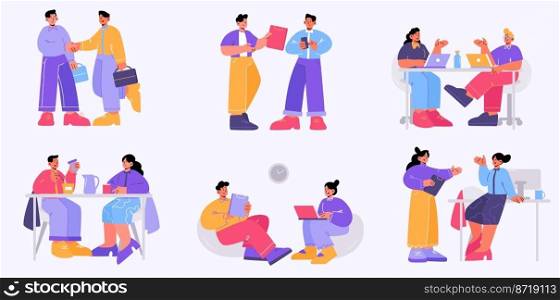 People communication in business office. Vector flat illustration of employees talk on workplace, drink coffee together, work on laptop, handshake and communicate with colleagues. People communication in business office