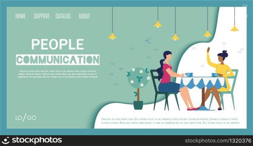 People Communication, Street Cafeteria or Coffee Shop Flat Vector Web Banner, Landing Page Template with Friends Resting in Cafe, Women Sitting at Table, Drinking Coffee in Restaurant Illustration
