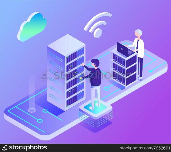 People communication with computer, PCsupport, cloud and wifi icon on purple, worker character in office. Data center isometric modern technology, digital connection, security industry vector. Data Center Isothermic, Network and Laptop Vector