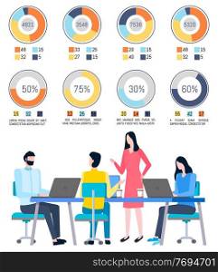 People communication with laptop, man and woman discussing. Graph report with percent, teamwork and diagram icons, employees working with pc vector. Man and Woman Working with Pc, Diagram Vector