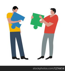 People connected puzzle pieces. Performing work according to the instructions. Joint collaboration of a group of persons. Flat cartoon design, vector illustration.. People connected puzzle pieces. Performing work according to the instructions. Joint collaboration of a group of persons. Flat cartoon design, vector illustration