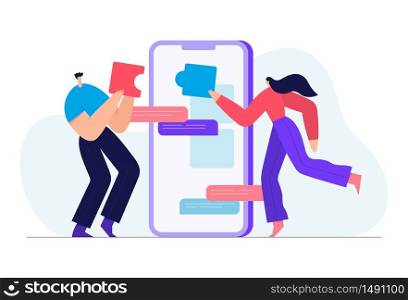 People connecting puzzle elements, business concept, team metaphor. Symbol of teamwork, cooperation, partnership. Modern businessmen characters, smartphone background. Flat vector illustration.