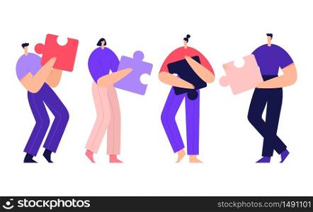 People connecting puzzle elements, business concept, team metaphor. Symbol of teamwork, cooperation, partnership. Modern businessmen cartoon characters. Flat vector illustration.