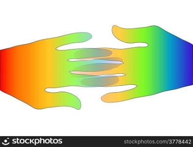 people connection. two multicolored hands on white background