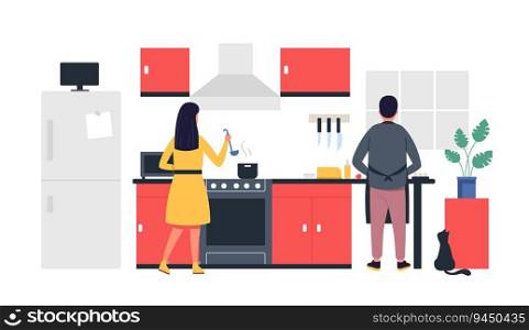People cooking at home. Husband and wife preparing food in kitchen together. Woman making soup on stove. Man helping spouse to cook dinner or lunch. Couple with culinary hobby vector illustration. People cooking at home. Husband and wife preparing food in kitchen together. Woman making soup on stove