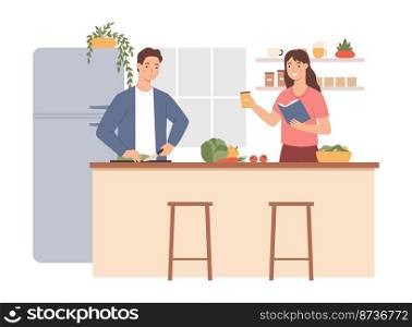 People cooking at home. Man cutting vegetables, woman giving seasoning and reading recipe book. Bowl with salad and carrot, tomato and cabbage on table, kitchen interior vector illustration. People cooking at home. Man cutting vegetables, woman giving seasoning and reading recipe book. Bowl with salad