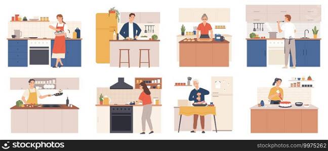 People cooking at home. Men and women preparing food in kitchen interior. Characters bake, fry and boil meal. Cartoon culinary vector set. Making dishes as salad, soup, chicken, cookies. People cooking at home. Men and women preparing food in kitchen interior. Characters bake, fry and boil meal. Cartoon culinary vector set