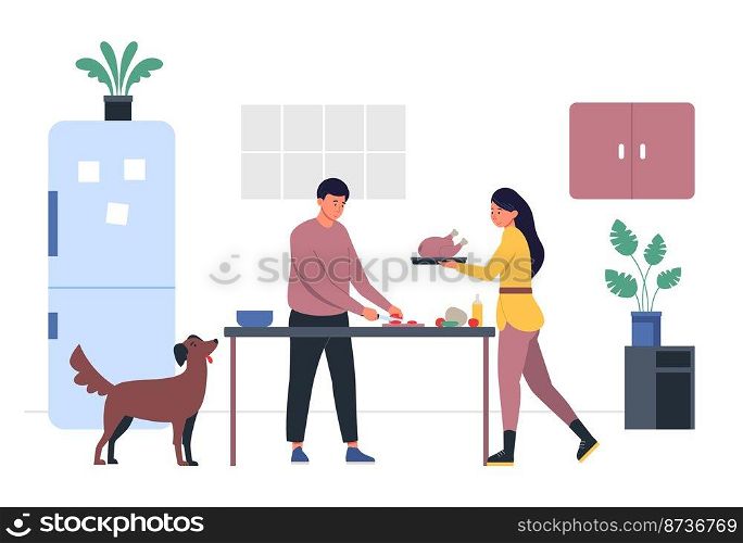 People cooking dinner in kitchen. Man cutting vegetables, woman carrying chicken. Couple preparing food together, dog looking at table. Happy family making supper vector illustration. People cooking dinner in kitchen. Man cutting vegetables, woman carrying chicken. Couple preparing food together