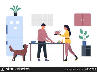 People cooking dinner in kitchen. Man cutting vegetables, woman carrying chicken. Couple preparing food together, dog looking at table. Happy family making supper vector illustration. People cooking dinner in kitchen. Man cutting vegetables, woman carrying chicken. Couple preparing food together