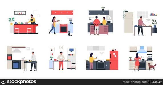 People cooking. Family prepare dinner on kitchen at home, man and woman cut bake fry and boil ingredients. Vector cartoon people cooking dinner together. Characters cooking homemade dishes