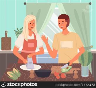 People cooking vegetarian meals. Proper nutrition, healthy lifestyle and vegetarianism concept. Process of cooking meal. Natural organic food ingredients icons isolated. Cook salad, organic food. People cooking vegetarian meals. Proper nutrition, healthy lifestyle and vegetarianism