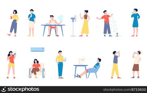 People cooling hot summer. Drinking water, person with fan in heat. Sweating woman man, sitting under air condition. Isolated vector recent characters. Illustration of people hot and cool. People cooling hot summer. Drinking water, person with fan in heat. Sweating woman man, sitting under air condition. Isolated vector recent characters