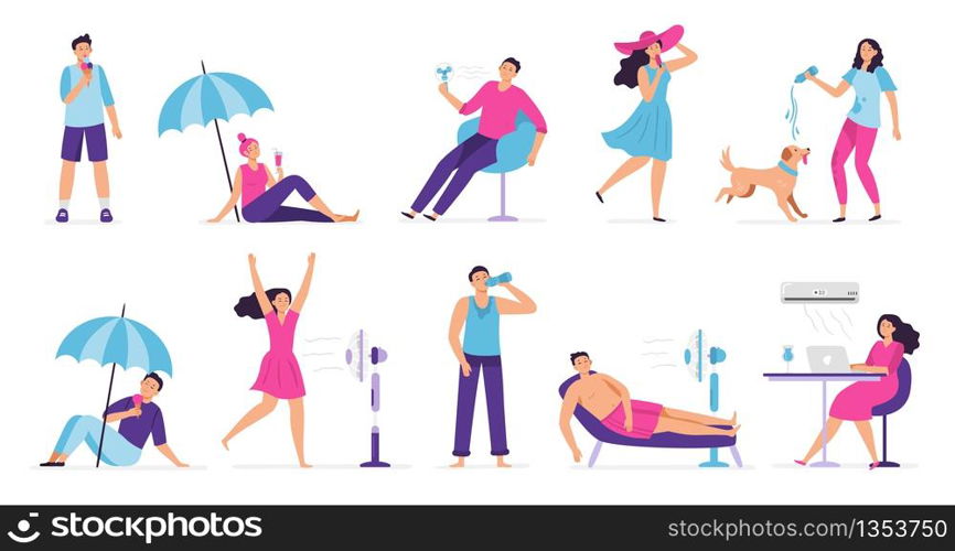 People cooling in hot weather. Rest from hot summer weather, eat ice cream and cool under fan. Siesta, air conditioning vector illustration set. Weather temperature, people cooling and conditioning. People cooling in hot weather. Rest from hot summer weather, eat ice cream and cool under fan. Siesta, air conditioning vector illustration set