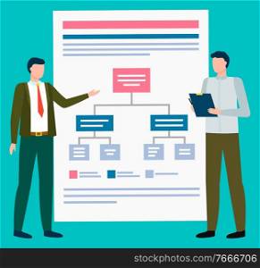 People cooperating and presenting board with scheme. Men workers communicating with plan icon and discussing work strategy in business with China. Professional character holding report vector. Partners Working with Scheme Presentation Vector