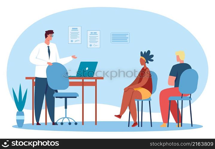 People couple at therapy session with psychologist. Vector therapy woman and man, couple session counseling illustration. People couple at therapy session with psychologist