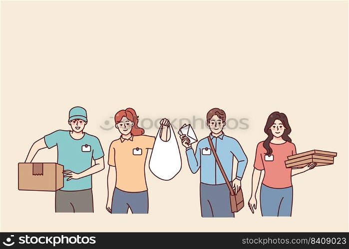 People couriers in uniform standing with delivery packages and parcels. Company employees deliver orders to clients or customer. Shipping and logistics. Vector illustration.. Couriers deliver packages to clients