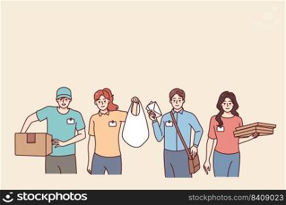 People couriers in uniform standing with delivery packages and parcels. Company employees deliver orders to clients or customer. Shipping and logistics. Vector illustration.. Couriers deliver packages to clients