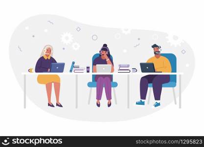 People coworking on computer with headsets vector illustration. Online work, support, education, web.. People coworking on computer with headsets vector illustration