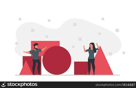 People create geometric shapes together. Business company create concept with geometric shape. Man and woman cooperation vector illustration