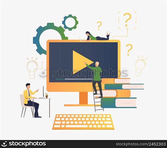 People creating video. Video production, producer, film. Business concept. Vector illustration for poster, presentation, new project
