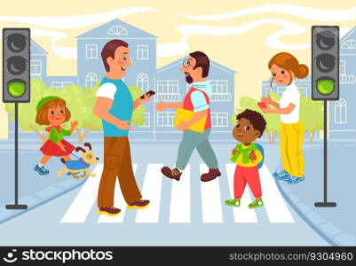 People cross city road with traffic light. Road traffic. Men and women walk outdoor at crossroad. Zebra crosswalk. Children pedestrians. Town transportation. Cute kids crossing roadway. Vector concept. People cross city road with traffic light. Road traffic. Men and women walk at crossroad. Zebra crosswalk. Children pedestrians. Town transportation. Kids crossing roadway. Vector concept