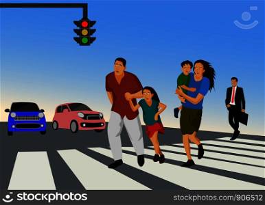 People crossing the crosswalk have car stopped waiting with blue sky background