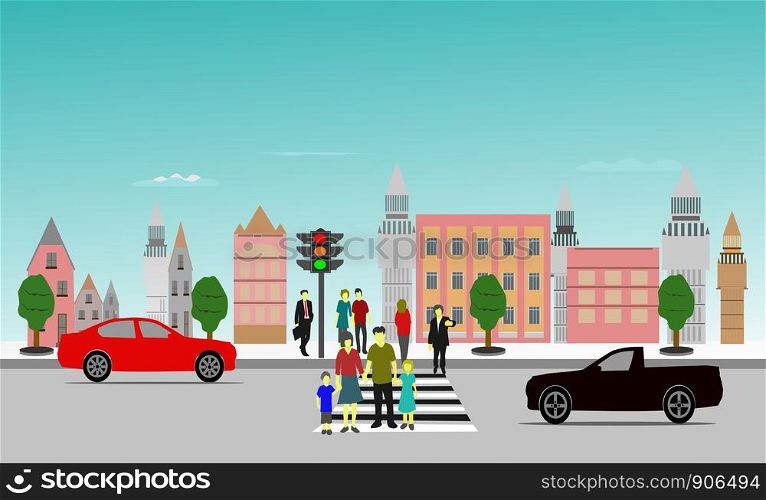 People crossing the crosswalk have stopped waiting,building and blue sky background