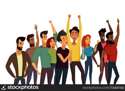 People crowd and pastime, humans raising hands up, demonstration throng, men women shouting smiling having fun, vector illustration on white background. People Crowd and Passtime Vector Illustration