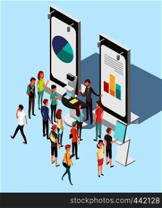 People crowd at exhibition trading promotion stand in exhibition. Market retail isometric vector concept. Exhibition promo isometric product illustration. People crowd at exhibition trading promotion stand in exhibition. Market retail isometric vector concept