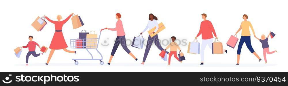 People crowd running for sale. Women and men customers with shopping bags race for big discount. Black friday crazy shoppers vector concept. Illustration run for shopping discount in retail. People crowd running for sale. Women and men customers with shopping bags race for big discount. Black friday crazy shoppers vector concept