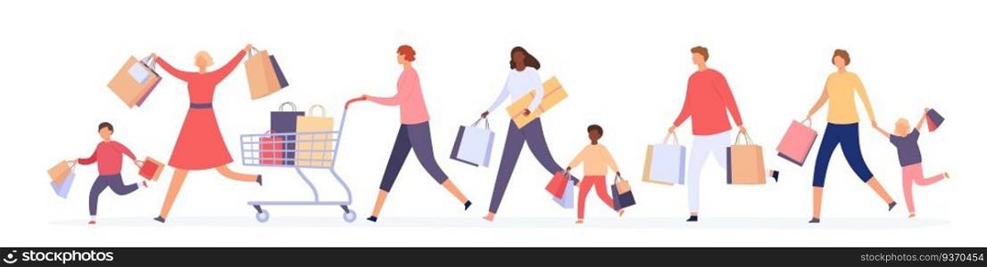 People crowd running for sale. Women and men customers with shopping bags race for big discount. Black friday crazy shoppers vector concept. Illustration run for shopping discount in retail. People crowd running for sale. Women and men customers with shopping bags race for big discount. Black friday crazy shoppers vector concept