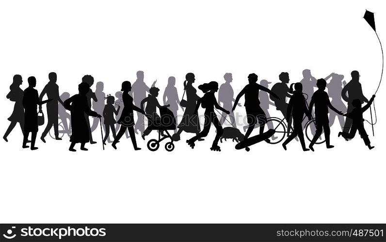 People crowd silhouette. Group of person with shadows walk. Family and children, couple together, bicycle. Passers vector illustration. People crowd silhouette. Group of person with shadows walk. Family and children, couple together, bicycle vector illustration
