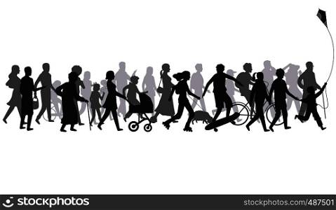 People crowd silhouette. Group of person with shadows walk. Family and children, couple together, bicycle. Passers vector illustration. People crowd silhouette. Group of person with shadows walk. Family and children, couple together, bicycle vector illustration