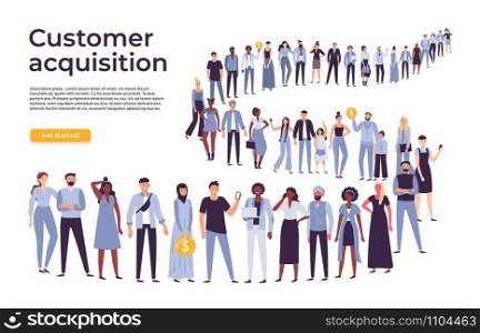 People crowd stand in queue. Business people standing and waiting in long line. Businessman shop crowd, buyer customer wait for service flat vector illustration. People crowd stand in queue. Business people standing and waiting in long line flat vector illustration