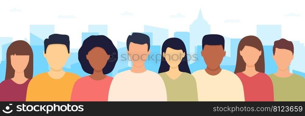 People crowd standing together in city. Male and female faces group. Multicultural people population. Human portraits in casual cloths. Vector illustration. 
