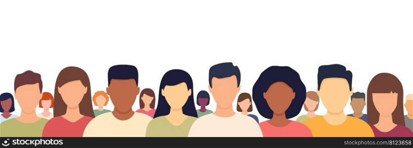 People crowd standing together. Multicultural people population. Male and female faces group. Human portraits in casual cloths. Vector illustration. 