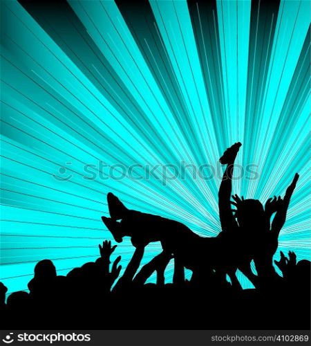 people crowd surfing at a concert with a blue and black background
