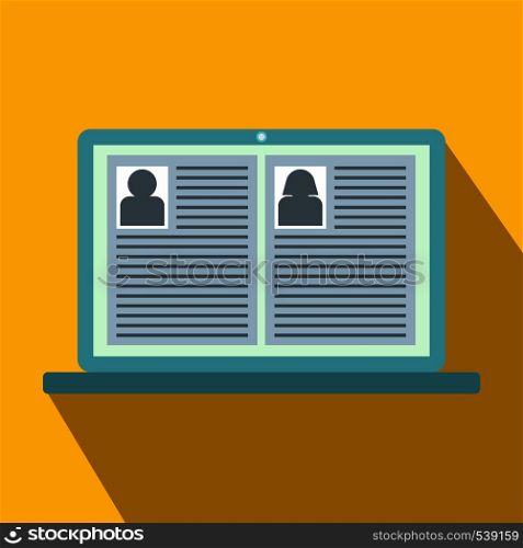 People cv on notebook icon in flat style on yellow background. People cv on notebook icon, flat style