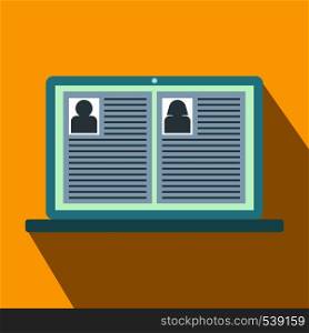 People cv on notebook icon in flat style on yellow background. People cv on notebook icon, flat style