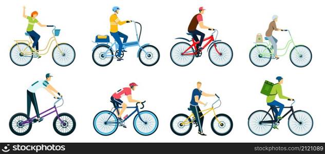 People cycling, characters riding bicycles, cyclists on bikes. Men and women biking in park, bicycle riders, delivery man on bike vector set. Female and male people doing healthy activity. People cycling, characters riding bicycles, cyclists on bikes. Men and women biking in park, bicycle riders, delivery man on bike vector set