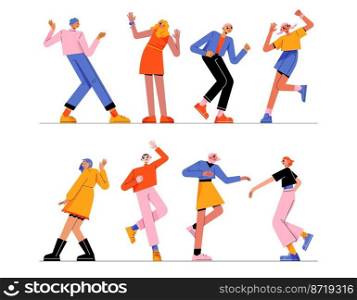 People dance, move body at music tunes. Young male and female characters enjoying melodies. Excited men and women dancing and rejoice at disco party or celebration, Line art flat vector illustration. People dance, moving body at music disco party