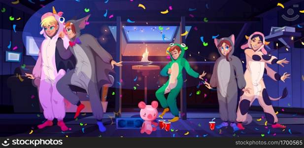 People dance on pajama party on house attic. Vector cartoon illustration of slumber party on mansard with characters in kigurumi, funny pyjamas of unicorn, frog and cow. People dance on pajama party on house attic