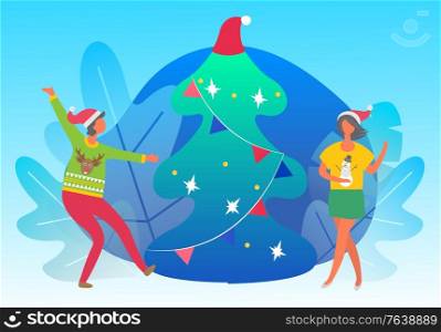 People dancing and happy to greet each other with winter holiday. Man and woman in festive sweaters with reindeer and snowman. Christmas vector fir tree with garland, traditional xmas celebration. People Dancing Together near Christmas Fir Tree