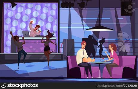 People dancing and relaxing in bar with dj and live music cartoon vector illustration. Live Music Bar Illustration