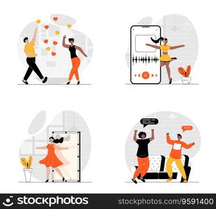 People dancing concept with character set. Collection of scenes men and women dance in discotheques and home, learning new moves and training with mobile app. Vector illustrations in flat web design