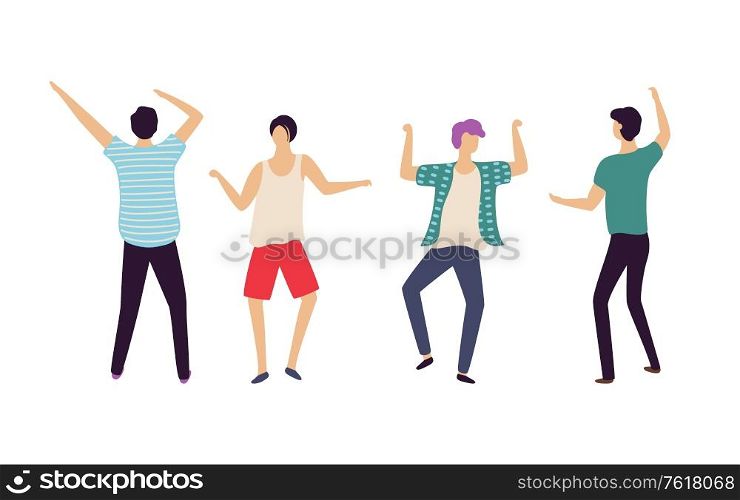 People dancing in club vector, man raising hands up and jumping, front and back view of males having fun in nightclub. Dancers and clubbers relaxing. Dancing People, Men in Club Dancers Clubbing Guys