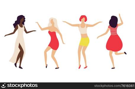 People dancing in nightclub vector, isolated woman wearing best clothes, blonde and brunette female friends having fun in club. Dancers and clubbers. Partying Women in Nightclub, Lady Dancing Vector